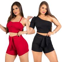 Kit 2 Conjuntos Feminino Cropped e Short Cintura Alta Crepe