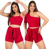 Kit 2 Conjuntos Feminino Cropped e Short Cintura Alta Crepe