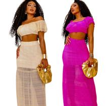 Kit 2 Conjuntos Feminino Fashion Composto Por Cropped Ombro a Ombro e Saia Longa Em Brilho