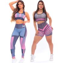 Kit 2 Conjuntos Femininos Top e Calça & Shorts Sports Moda Fitness