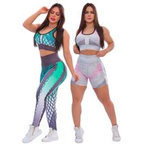 Kit 2 Conjuntos Femininos Top Shorts e Calça Poliamida Premium para Academia Fit