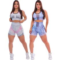Kit 2 Conjuntos Fitness Academia Feminino Poliamída Fashion Academia Top e Shorts