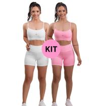 Kit 2 Conjuntos Fitness Top e bermuda forrada Feminino De Academia Alta Qualidade