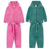 Kit 2 Conjuntos Infantil Feminino Blusa e Calça Plush, capuz ziper aplique coração Roupa menina inverno tamanhos 01 ao 12