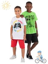 Kit 2 Conjuntos Infantil Juvenil Menino Verão Camiseta Manga em Meia Malha e Bermuda Moletinho com Elástico