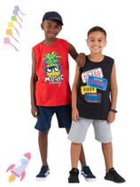 Kit 2 Conjuntos Infantil Juvenil Menino Verão Camiseta Regata em Meia Malha e Bermuda em Moletinho com Elástico