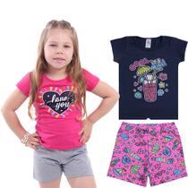 Kit 2 Conjuntos Infantil Menina de Verão com Bermudas em Cotton e Blusinha em Malha Algodão