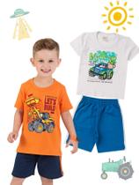 Kit 2 Conjuntos Infantil Menino Verão Camiseta em Meia Malha com Manga e Bermuda de Moletinho com Elástico Kit 2 Conjuntos Infantil Menino Verão Camiseta em Meia Malha com Manga e Bermuda de Moletinho com Elástico