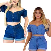 Kit 2 Conjuntos Jeans Femininos Cropped + Short Barra Dobrada Lavagem Clara E Escura