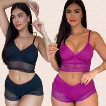 Kit 2 Conjuntos Lingerie Canelado Confotavél Delicado Sem Bojo Shorts Curto