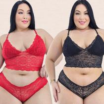 Kit 2 Conjuntos Lingerie Plus Size Renda Sutiã Sem Bojo Calcinha Caleçon