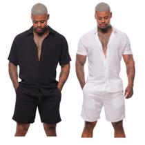 Kit 2 Conjuntos masculino liso Camisa e Short Preta e Branco