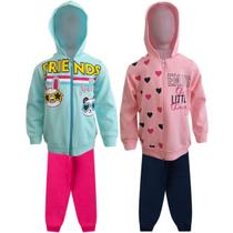 kit 2 Conjuntos Moletom Infantil feminino Blusa e Calça Flanelado Agasalho Inverno Capuz Ziper Punho, Roupa Menina frio criança tamanhos 04 06 08
