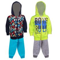 Kit 2 Conjuntos Moletom Infantil Masculino Blusa e Calça Flanelado, c/ Capuz Ziper Punhos Roupa Menino Inverno Tamanhos 01 02 03