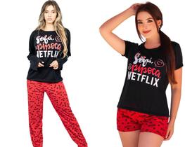 Kit 2 Conjuntos Pijamas Feminino Netflix Curto Longo