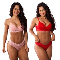 Kit 2 Conjuntos Sutiã com Bojo e Calcinha Renda Feminina Elástico na Cintura Sexy Elegante