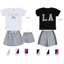 Kit 2 Conjuntos Verão Infantil Juvenil Feminino Blusinha com Glitter Shorts e shorts Saia em Moletinho Roupa Menina Tamanhos 10 12 14 16