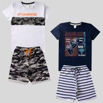 Kit 2 Conjuntos Verão Infantil Juvenil Masculino Camiseta reforço na gola e Bermuda Moletinho cadarço Roupa Menino Tamanhos 04 - 16