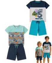 Kit 2 Conjuntos Verão Infantil Juvenil Masculino Camiseta reforço na gola e Bermuda Moletinho cadarço Roupa Menino Tamanhos 04 - 16
