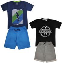 Kit 2 Conjuntos Verão Infantil Juvenil Masculino Camiseta reforço na gola e Bermuda Moletinho cadarço Roupa Menino Tamanhos 10 12 14 16