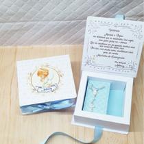 Kit 2 Convites Padrinhos Batismo Personalizado com mini Terço, crisma, Azul com fita Azul