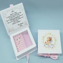 Kit 2 Convites Padrinhos Batismo Personalizado com mini Terço, Fita Rosa