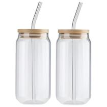 Kit 2 Copo De Vidro 550ml C/ Tampa Hermético Bambu E Canudo Kit 2 Copo De Vidro 550ml C/ Tampa Hermético Bambu E Canudo