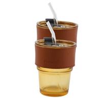 Kit 2 Copo Vidro Transparente Âmbar 350ml Tampa Segura Canudo Couro para Cozinha Festa Café Drinks Kit 2 Copo Vidro Transparente Âmbar 350ml Tampa Segura Canudo Couro para Cozinha Festa Café Drinks