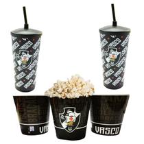 Kit 2 Copos + Balde Pipoca Plástico Preto Tampa Canudo 500Ml Kit 2 Copos + Balde Pipoca Plástico Preto Tampa Canudo 500Ml