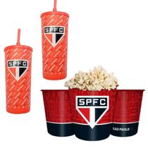 Kit 2 Copos + Balde Pipoca Plástico Vermelho Tampa E Canudo