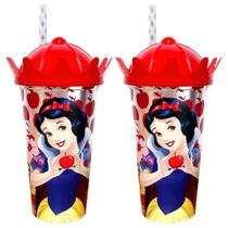 Kit 2 Copos com canudo e Coroa Infantil Branca de Neve Disney