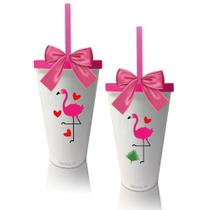 Kit 2 Copos Com Tampa E Laço Rosa Flamingo Dia Das Crianças