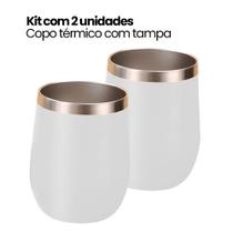 Kit 2 COPOS_Copo Térmico Tipo Cuia Com Tampa, 350ml, Parede Dupla Inox, Café, Água, Cerveja, Branco