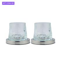 Kit 2 Copos de Vidro Para Whisky Cristal Giratório 150ml com Base Giratória 360º Aço Inox e Textura 3D Bar Luxo Kit 2 Copos de Vidro Para Whisky Cristal Giratório 150ml com Base Giratória 360º Aço Inox e Textura 3D Bar Luxo