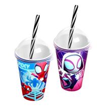 Kit 2 Copos Homem Aranha Spidey 280ml Com Tampa E Canudo