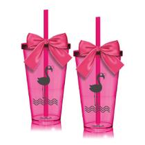 Kit 2 Copos Rosa Com Tampa E Laço Flamingo Dia Das Crianças
