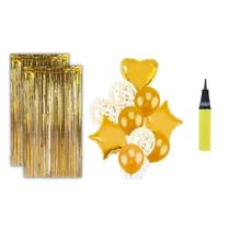 Kit 2 Cortinas 10 Balões Coração Estrela Bomba de Ar-Dourado