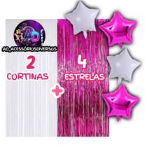 Kit 2 Cortinas Metalizada + 4 Balões Estrelas, Decoração, Festa Temática, Aniversário, Adereços, Festival, Comemoração
