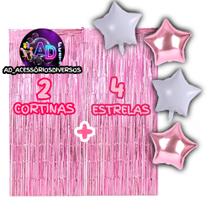 Kit 2 Cortinas Metalizada + 4 Balões Estrelas, Decoração, Festa Temática, Aniversário, Adereços, Festival, Comemoração