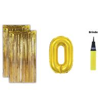 Kit 2 Cortinas Metalizadas Balão Número+Bomba de Ar-Dourado