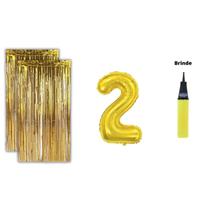 Kit 2 Cortinas Metalizadas Balão Número+Bomba de Ar-Dourado