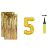 Kit 2 Cortinas Metalizadas Balão Número+Bomba de Ar-Dourado