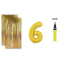 Kit 2 Cortinas Metalizadas Balão Número+Bomba de Ar-Dourado