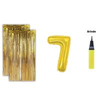 Kit 2 Cortinas Metalizadas Balão Número+Bomba de Ar-Dourado