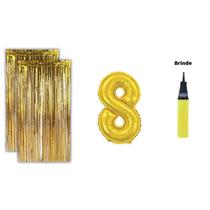 Kit 2 Cortinas Metalizadas Balão Número+Bomba de Ar-Dourado