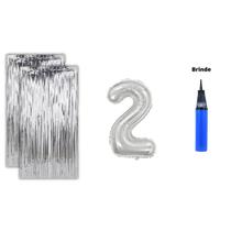 Kit 2 Cortinas Metalizadas e Balão Número Bomba de Ar-Prata Kit 2 Cortinas Metalizadas e Balão Número Bomba de Ar-Prata