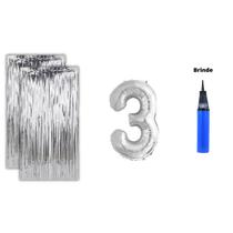 Kit 2 Cortinas Metalizadas e Balão Número Bomba de Ar-Prata Kit 2 Cortinas Metalizadas e Balão Número Bomba de Ar-Prata