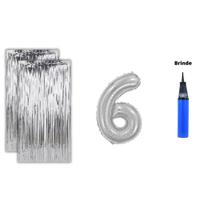 Kit 2 Cortinas Metalizadas e Balão Número Bomba de Ar-Prata Kit 2 Cortinas Metalizadas e Balão Número Bomba de Ar-Prata
