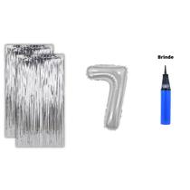 Kit 2 Cortinas Metalizadas e Balão Número Bomba de Ar-Prata Kit 2 Cortinas Metalizadas e Balão Número Bomba de Ar-Prata