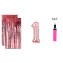 Kit 2 Cortinas Metalizadas e Balão Número Bomba de Ar- Rose